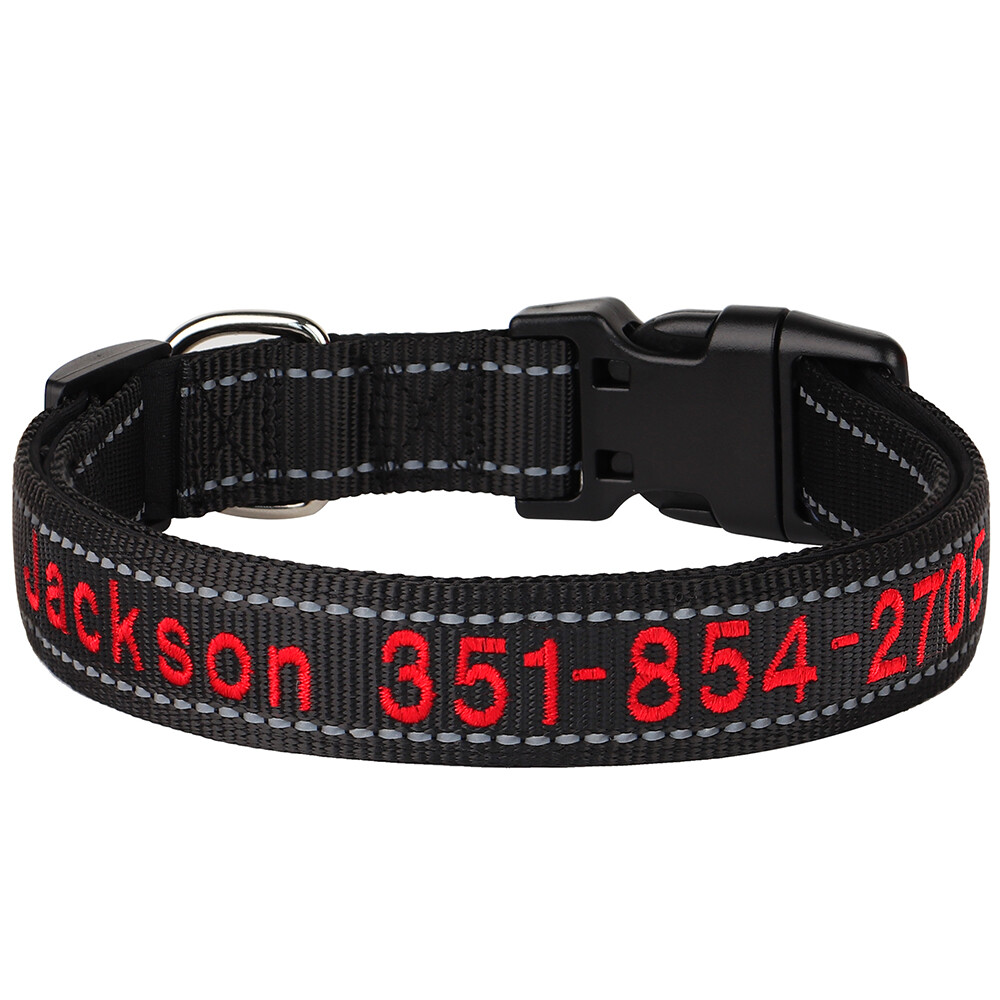 Embroidered Personalized Dog Collar Reflective Nylon Soft Padded Custom Name ID