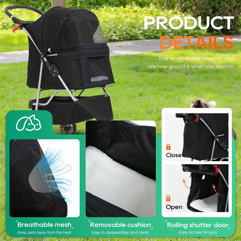 | 3-Wheel Pet Stroller | Dog and Cat Stroller | Breathable Mesh | Lightweight Tr