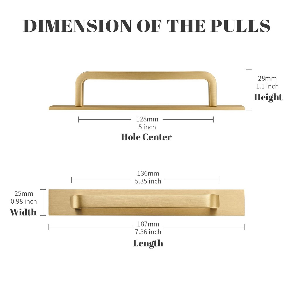 Solid Brass Cabinet Pull with Backplate, 2 Pack Brushed Gold Modern Drawer Ha...