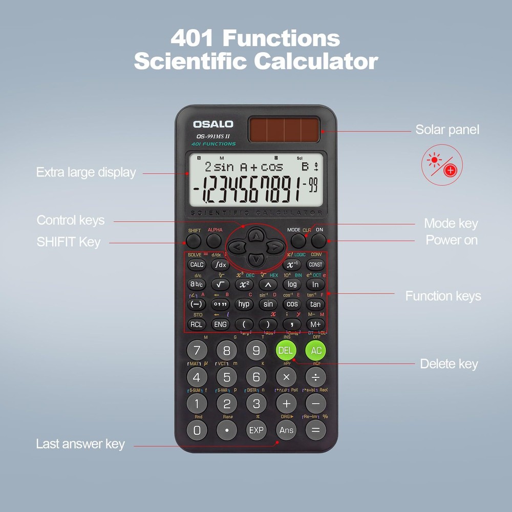 Scientific Calculator 401 Function 10+2 Digits Display Solar Battery Calculat...