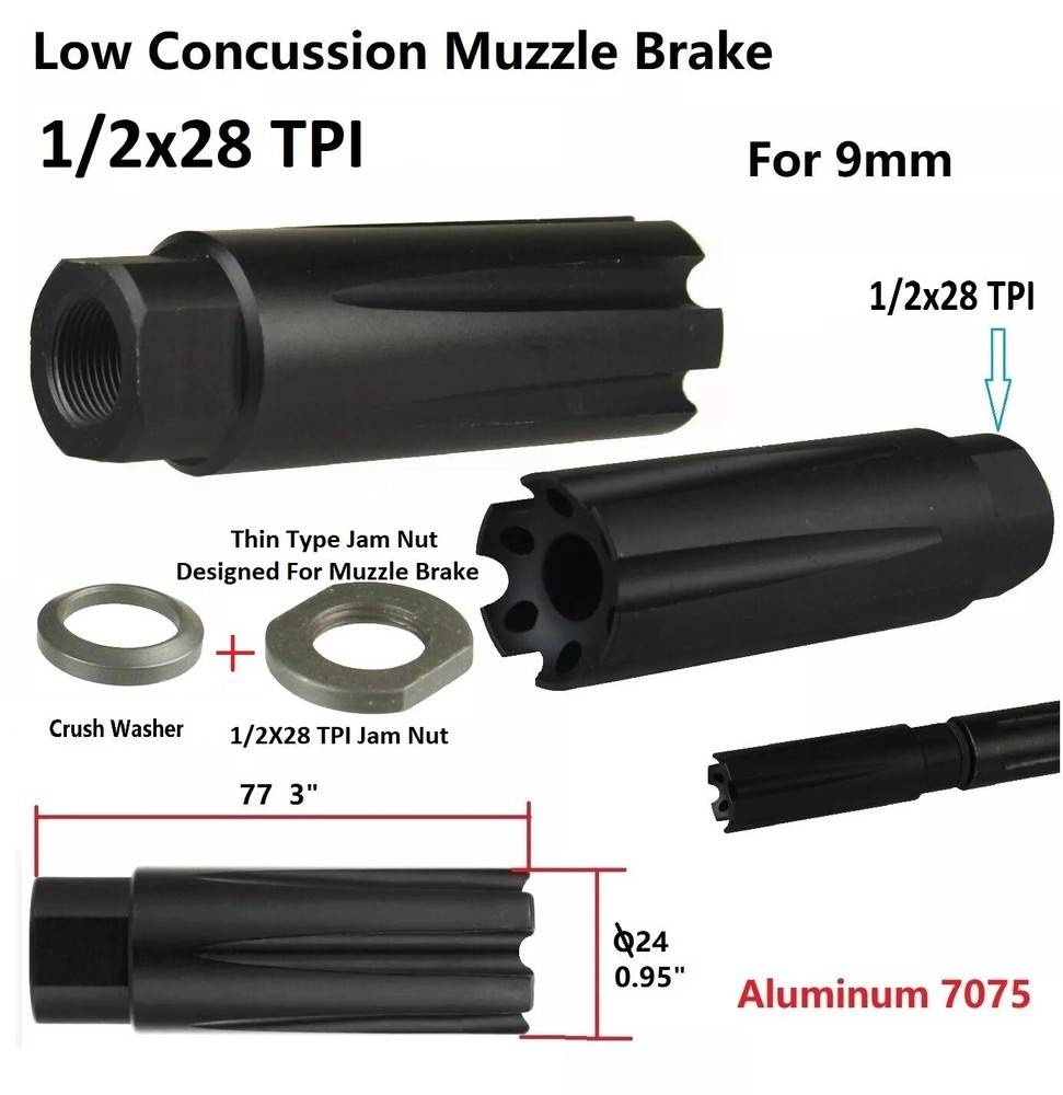 1/2X28 TPI Low Concussion Linear Muzzle Brake Compensator For 9mm, AL7075 Black