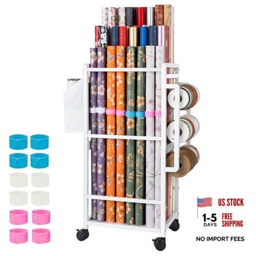 Gift Wrapping Paper Organizer Storage, Rolling Gift Wrap Storage Stand, White