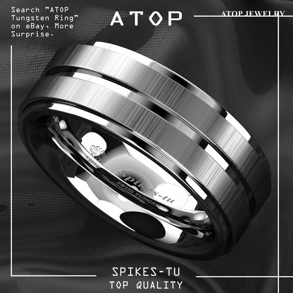 8mm Silver Tungsten Carbide Ring Two Vertical Brushed Meteorite Wedding Band