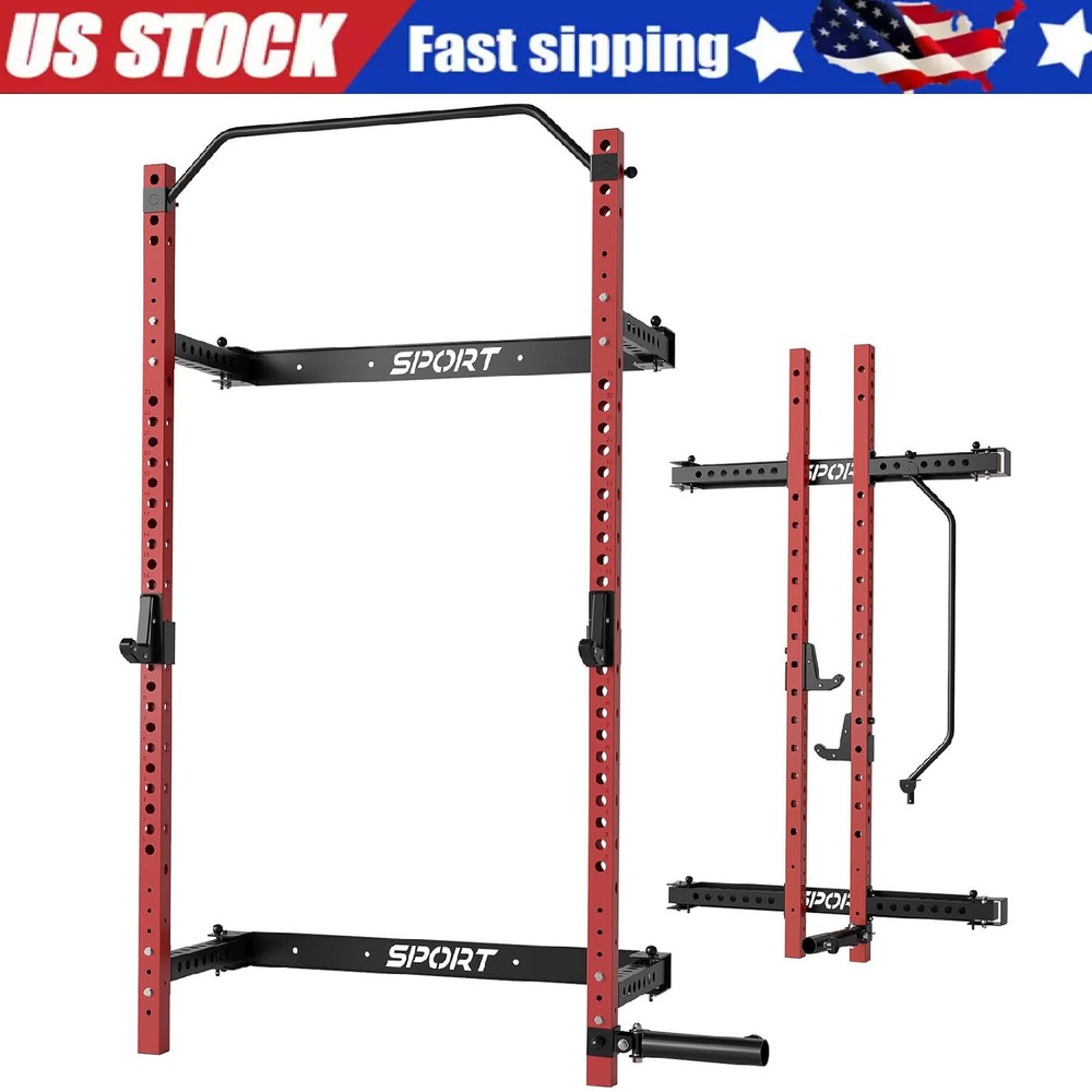 Folding Wall Mounted Squat Rack, Power Cage Power Rack with J-Hooks ,Pull Up Bar