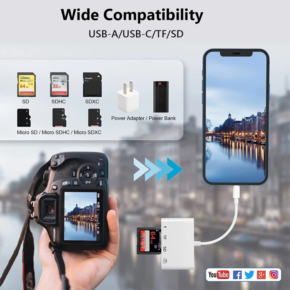 4 in 1 Micro SD/SD Card Reader for iPhone iPad Adapter with Charging Port