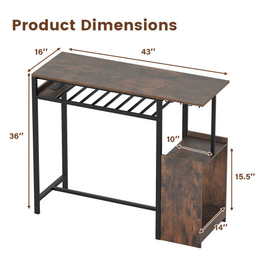 Rectangular Bar Table with Charging Station and LED Light-Rustic Brown - Color: