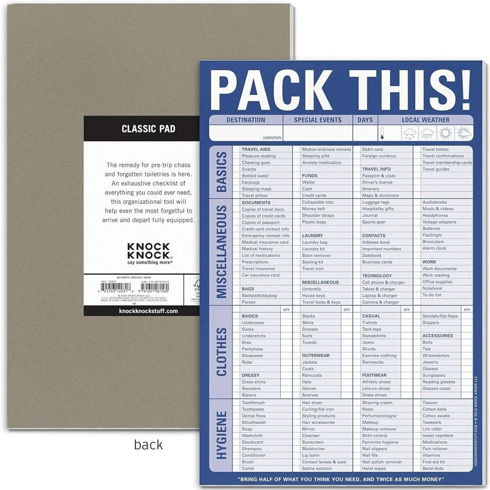 Knock Knock PACK THIS! NEW Pad - 60 Sheets Packing List ~ Notepad 6" x 9" 12031