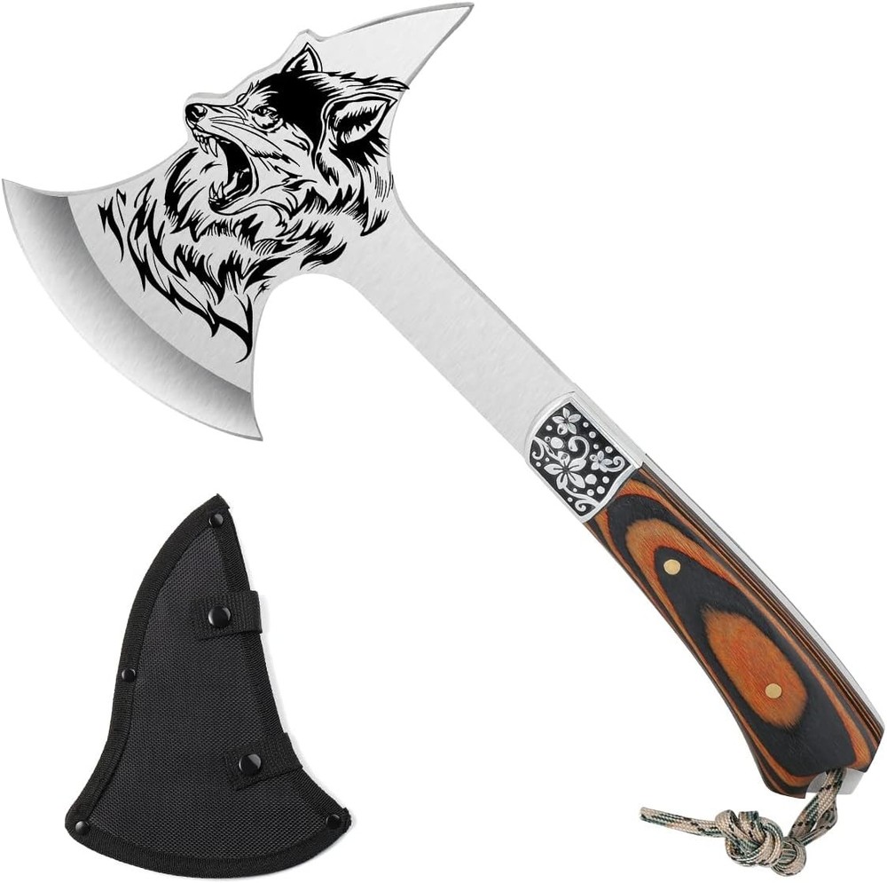 Camping Axe Survival Throwing Axe w/Sheath Wolf Head Tactical Tomahawk Camping