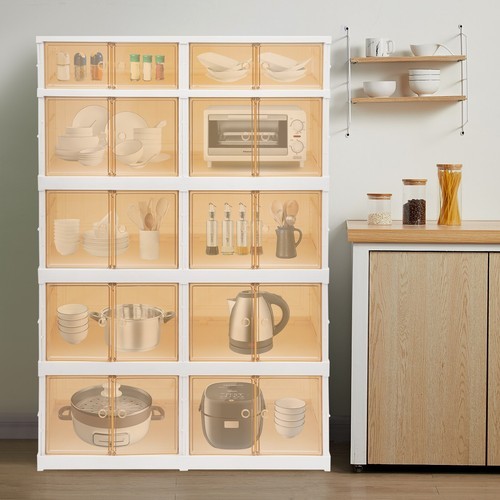 5 Tier Plastic Storage Containers with Doors & Wheels Foldable Organization