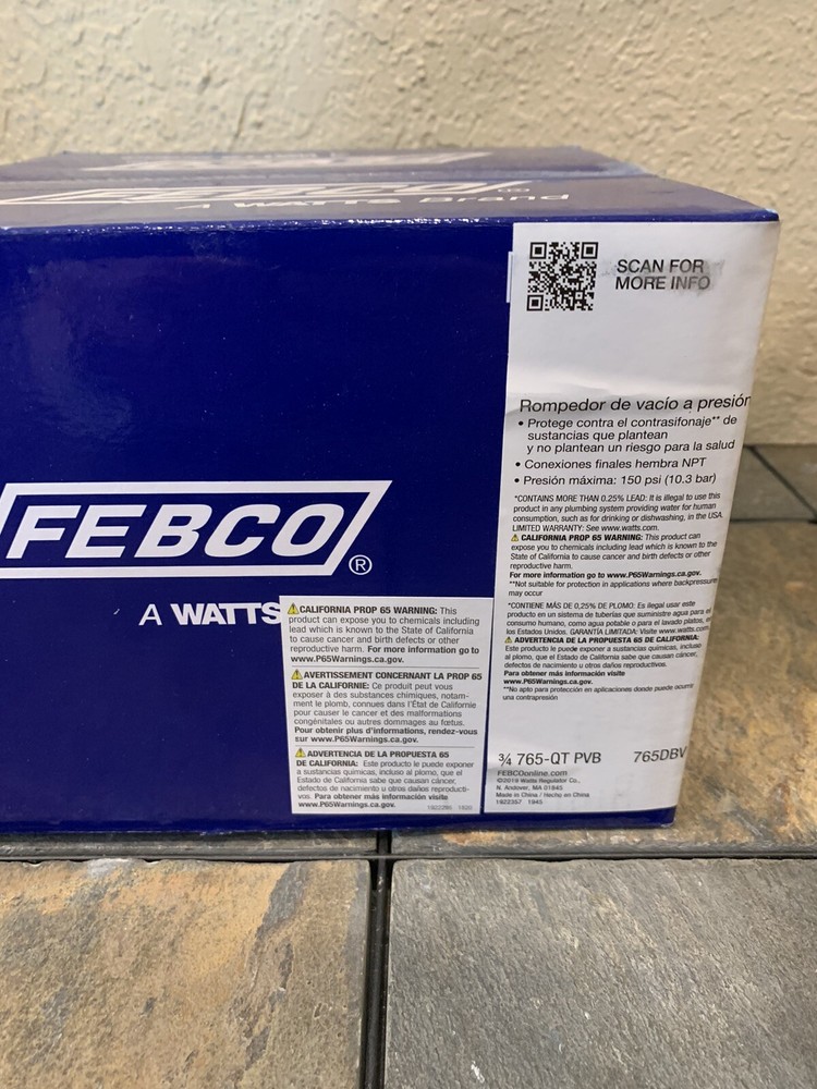 FEBCO 765-3/4" BACK FLOW PREVENTER PRESSURE VACUUM BREAKER New in Box PVB Pro