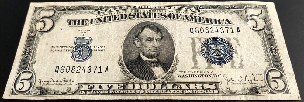 Series 1934 D $5 Silver Certificate! Nice! F-1654