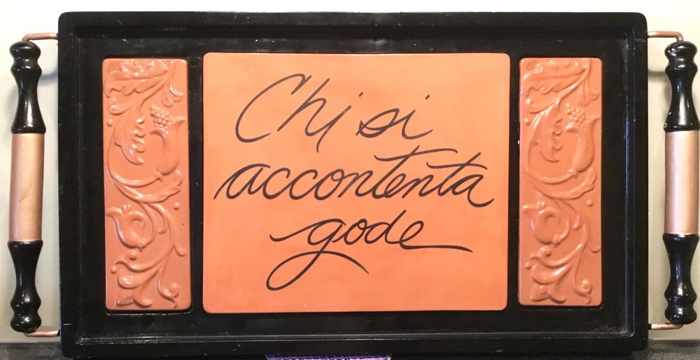 CHARMING PRESENTATION TRAY W/ HANDLES “SCRIPT CENTER“ TEXT “COFFEE,FRUIT,CHEESE“