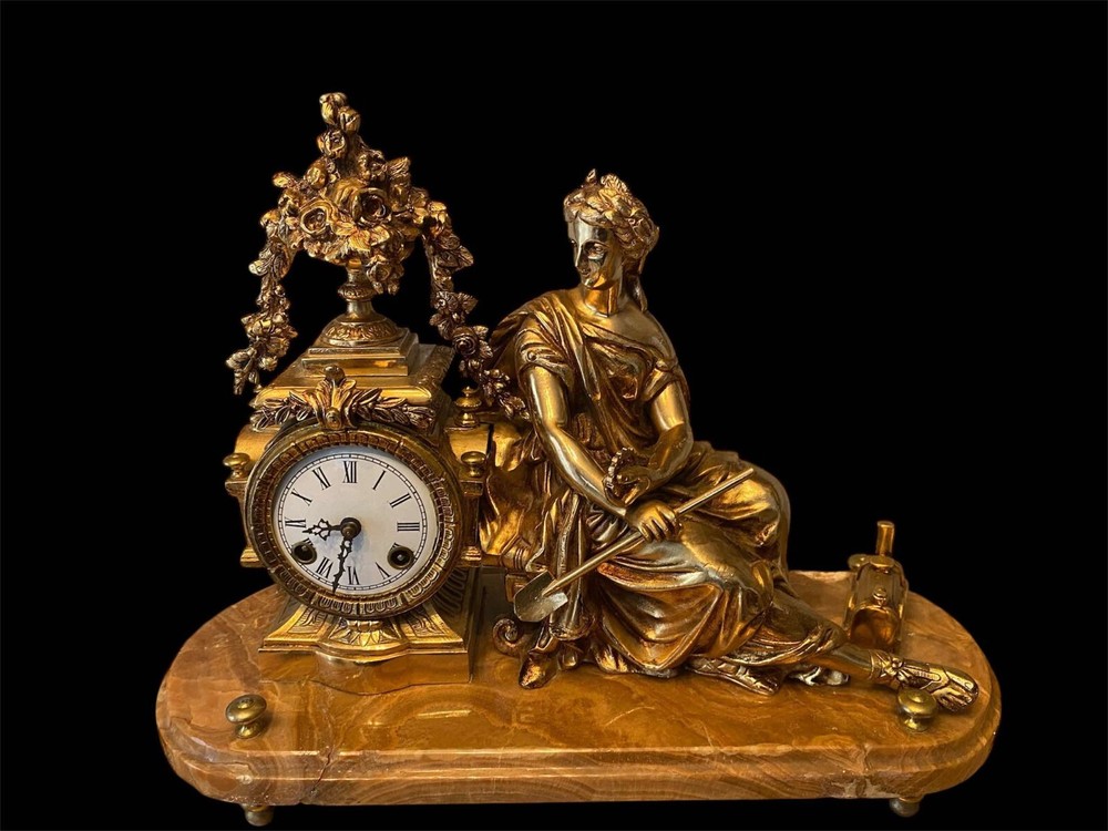 Empire Triptych Gilded Bronze Marble Base Clock and Candlesticks