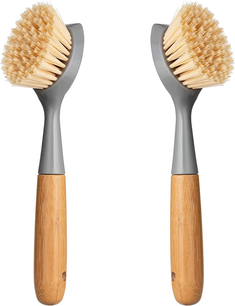 2 Pack Kitchen Dish Scrubber Bamboo Handle Brush Built-in Scraper Scrub Scraper