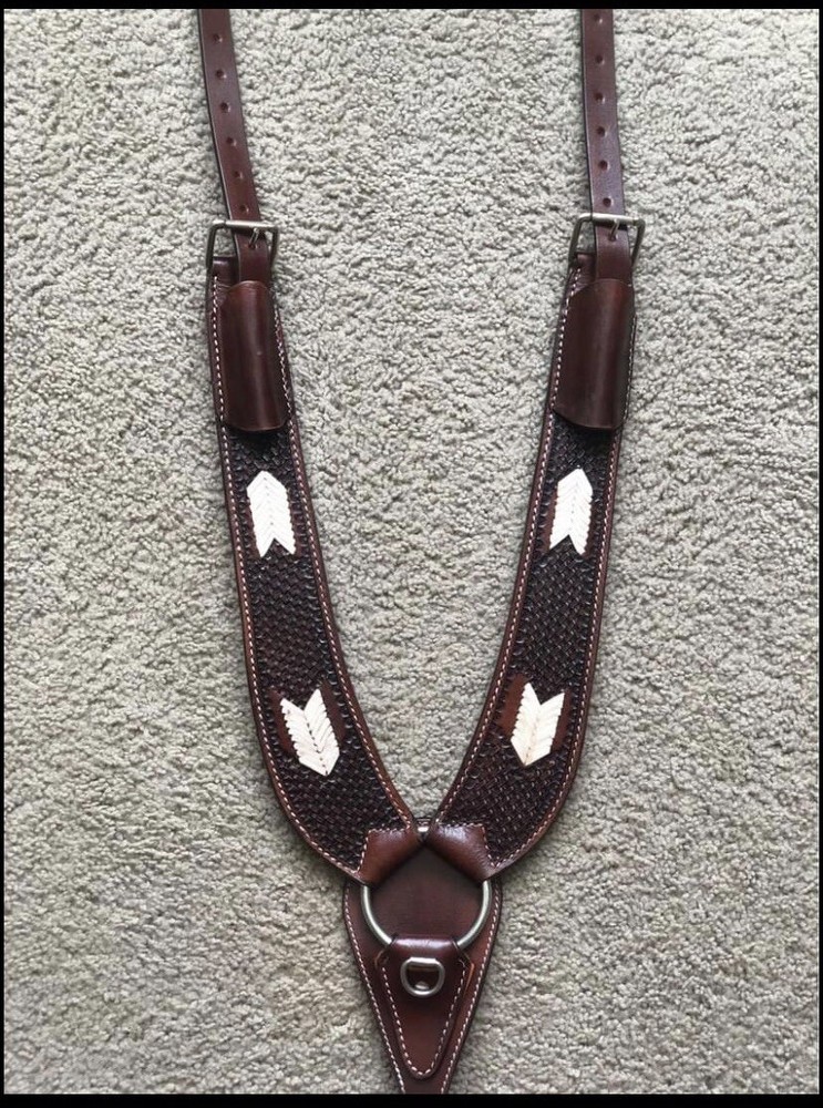Western Brown Leather Hand Tooled Pulling Breast Collar With Buckstitch