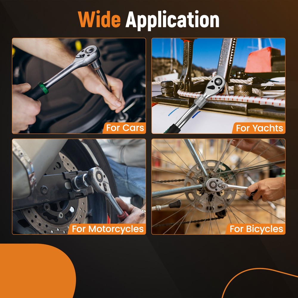 Professional Socket Wrench Set 3PC Extendable Handle 72-Tooth Mechanic Tools