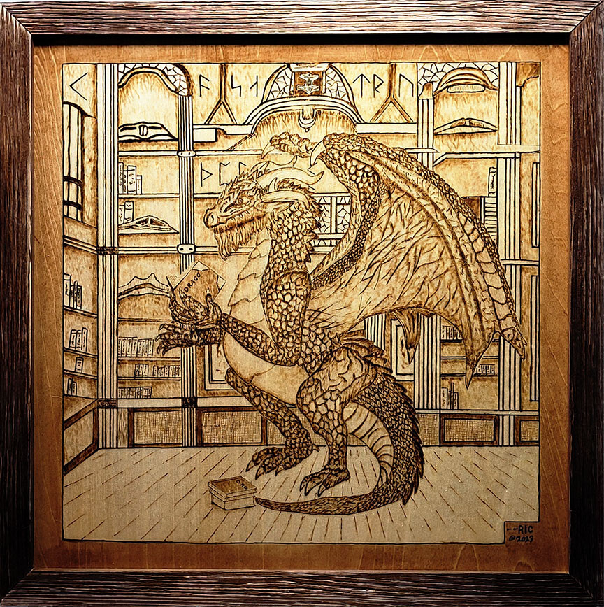 Dragon Librarian Scholar Pyrography, Personalized "Heroes" Figure, Magical