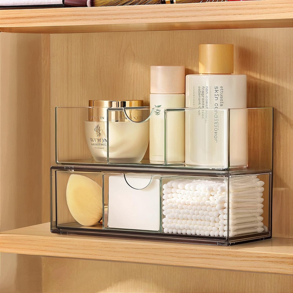 Medicine Cabinet Organizer 2 Pack, Stackable Storage Drawers with Removable D...