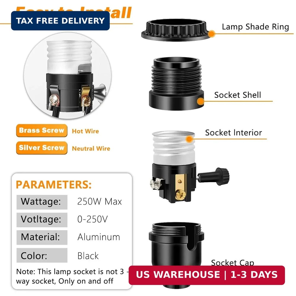 UL Listed E26 Light Socket, Threaded Lamp Socket Replacement with ON/Off Switch