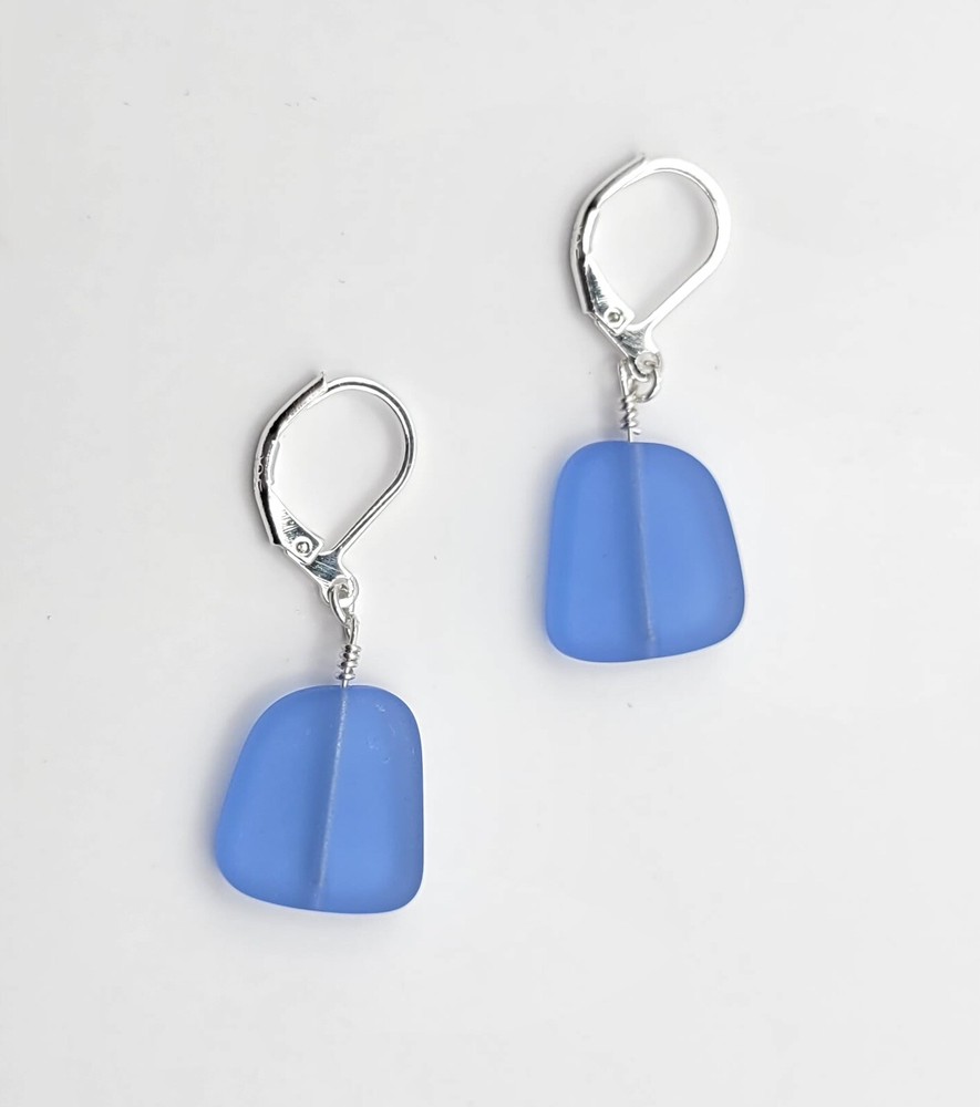 Sky Blue Seaglass Drop Earrings, Handmade. Sterling Silver.