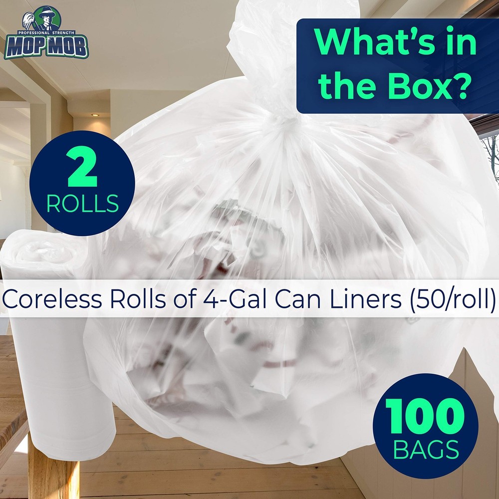 Leak-Proof Clear 4 Gallon Trash Can Liners, 100 Count, Coreless Roll, No Mess...