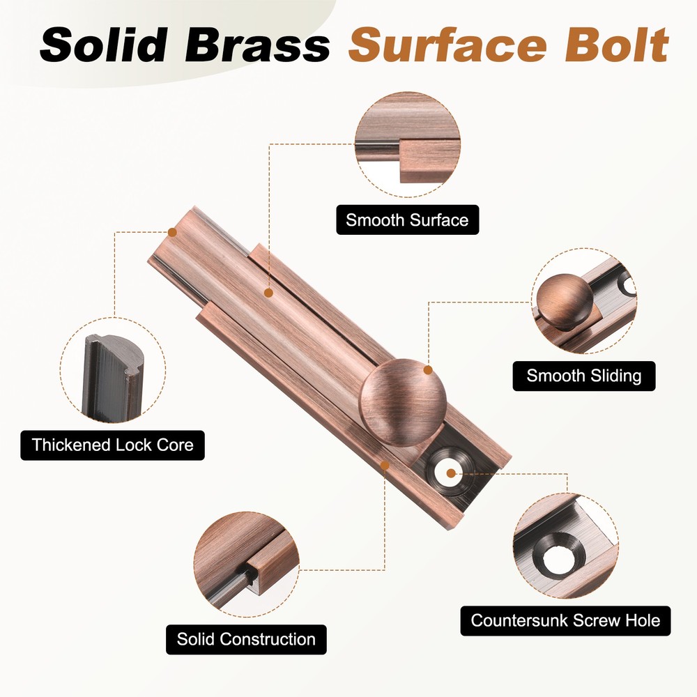 2Pcs 2" Solid Brass Surface Bolt, Brushed Slide Latch Door Lock, Red Bronze