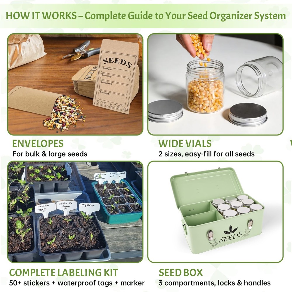 Mint Green Seed Storage Organizer Box with Vials, Envelopes & Labels Kit