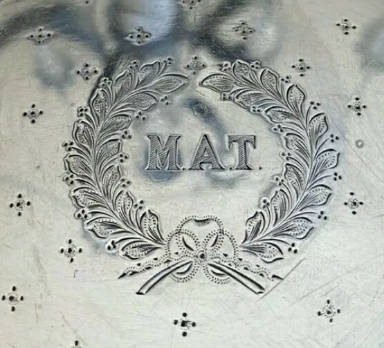 Antique Sterling Silver Footed Mini Tray w Beaded Edging & Engraved Monogram