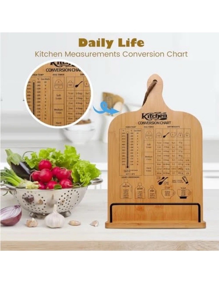 Cookbook Stand Kitchen Counter, Conversion Chart, Bamboo Cookbook Holder, NOB