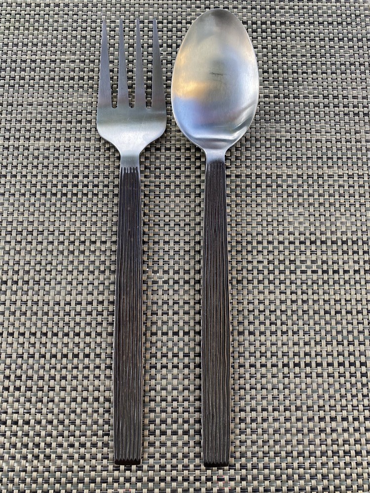 Sasaki Japan Extra Large Stainless Teak Pattern Serving Utensil Set Fork & Spoon