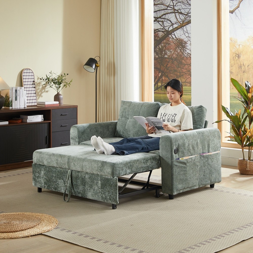 Chenille Sleeper Sofa Bed Loveseat Convertible with Pull Out Bed & USB Port