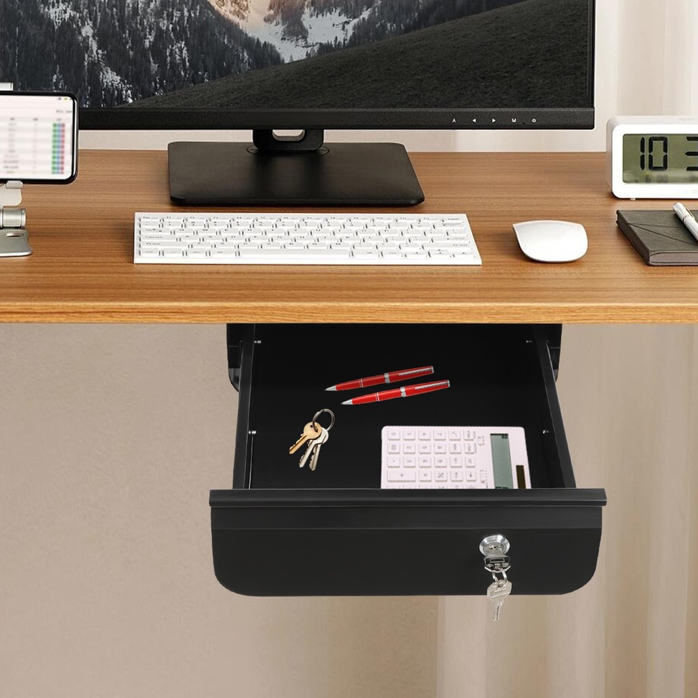 Black Steel Under Desk Sliding Drawer Lockable Pull Out Storage Organizer