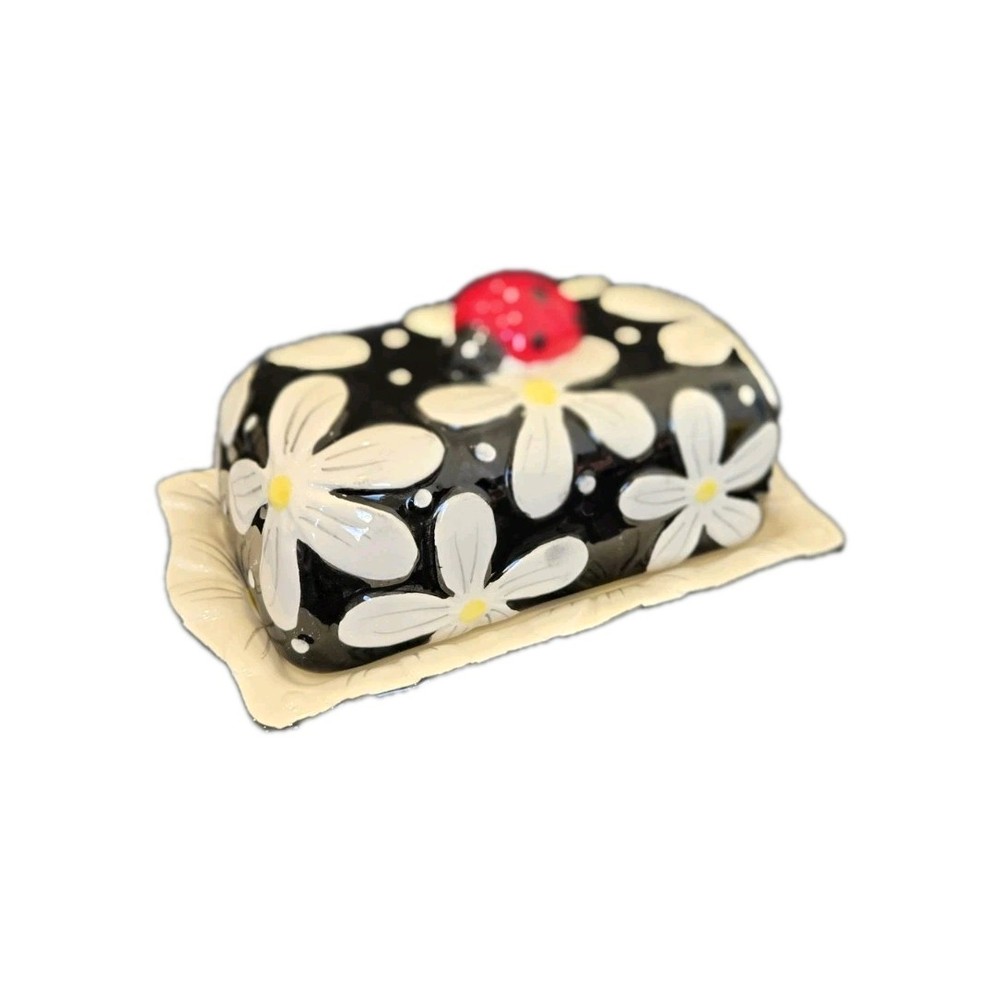 New Ceramic Summer Spring Ladybug On Daisy Flower Kitchen Butter Dish