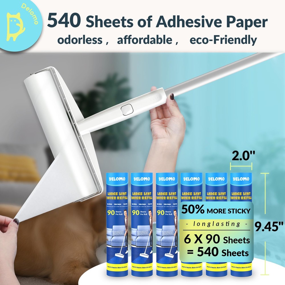 Lint Roller Refills (6 Pack, 540 Sheets) – 9.45 in Large Lint Roller Refill, ...