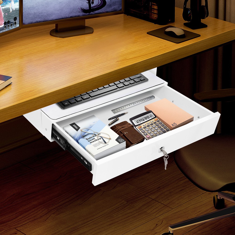 Under Desk Mounted Sliding Pull-out Storage Drawer With Computer Pad White USA