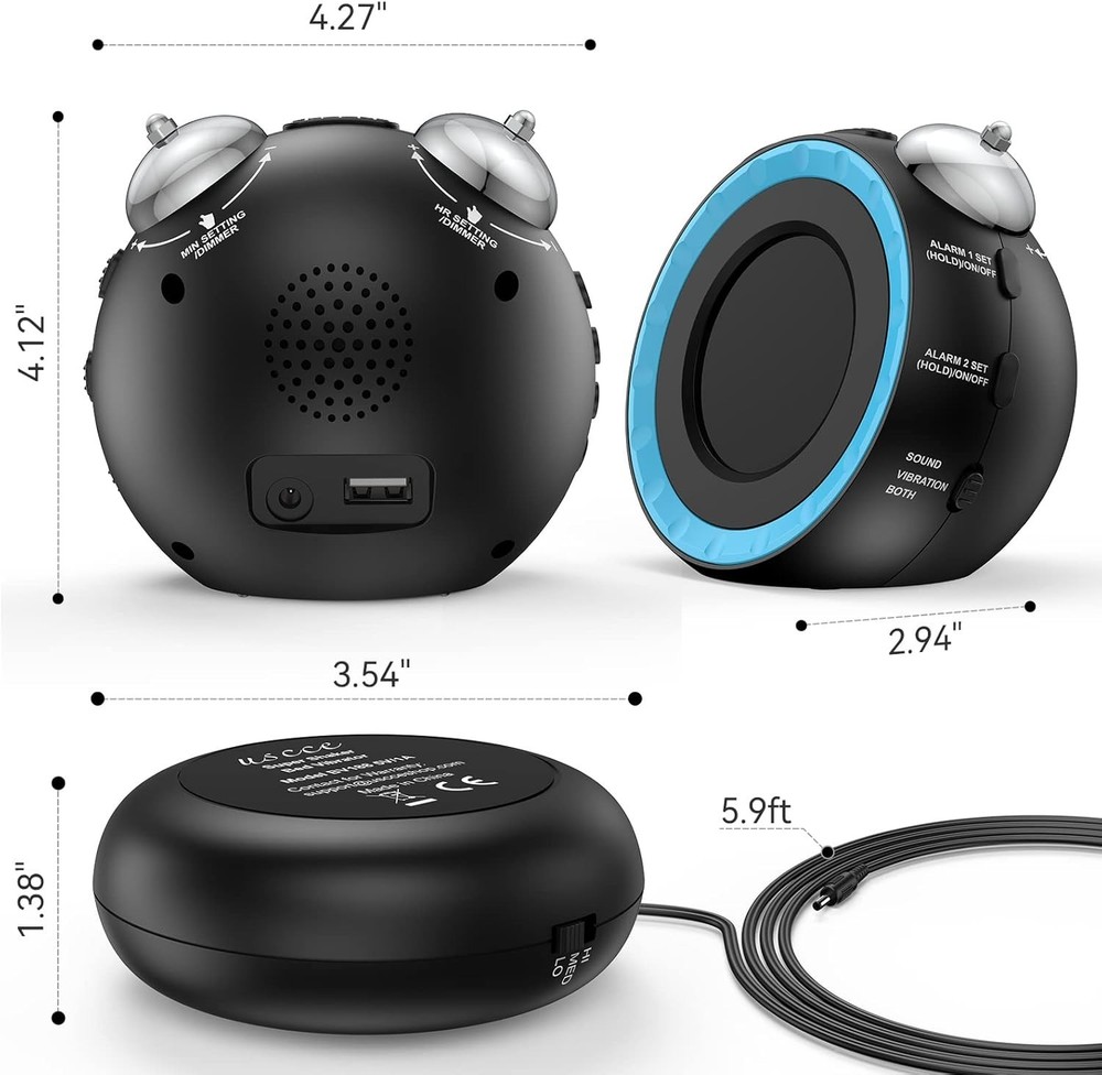 USB Alarm Clock with Bed Shaker - Customizable Brightness & Snooze Function
