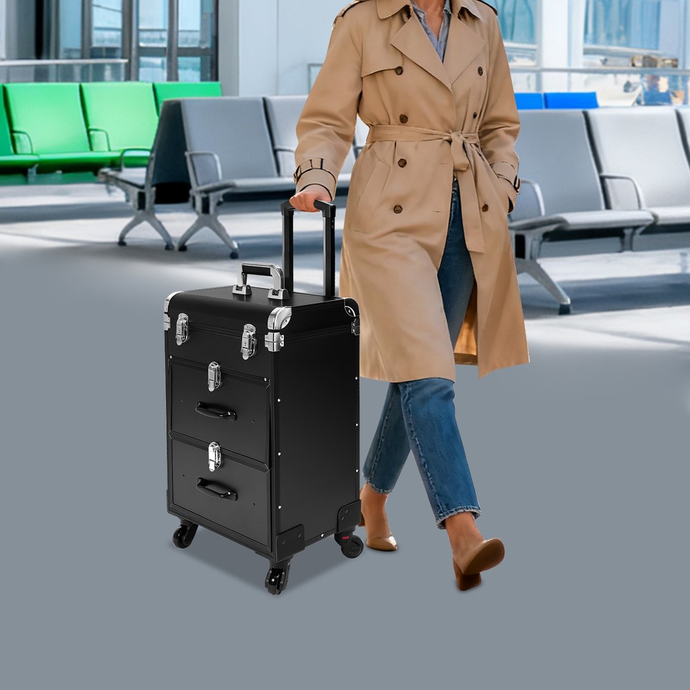 Makeup Train Case Professional Aluminum Rolling Cosmetic Trolley Makeup Storage
