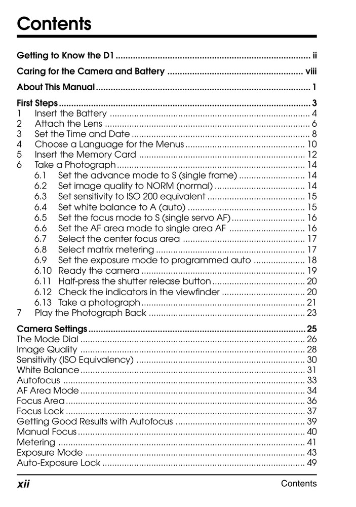 Nikon D1 — User Manual Guide Reference — 1/2 Size, 5.5" x 8.5" Small Compact
