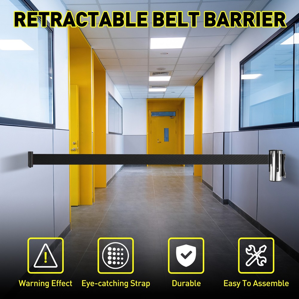 9.8 Foot Fixed Wall Mount Retractable Belt Barrier Set, Black / White