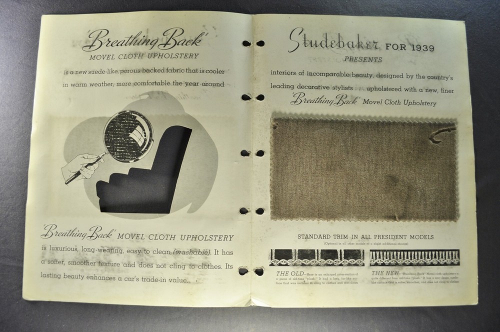 1939 Studebaker President Movel Upholstery Sample Data Book Insert Original 39