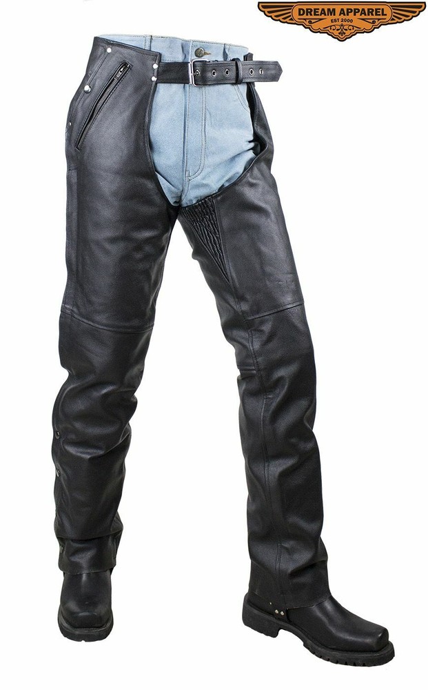 Men's Motorcycle Black Split Leather Chaps with Multiple Pockets and Mesh Lining