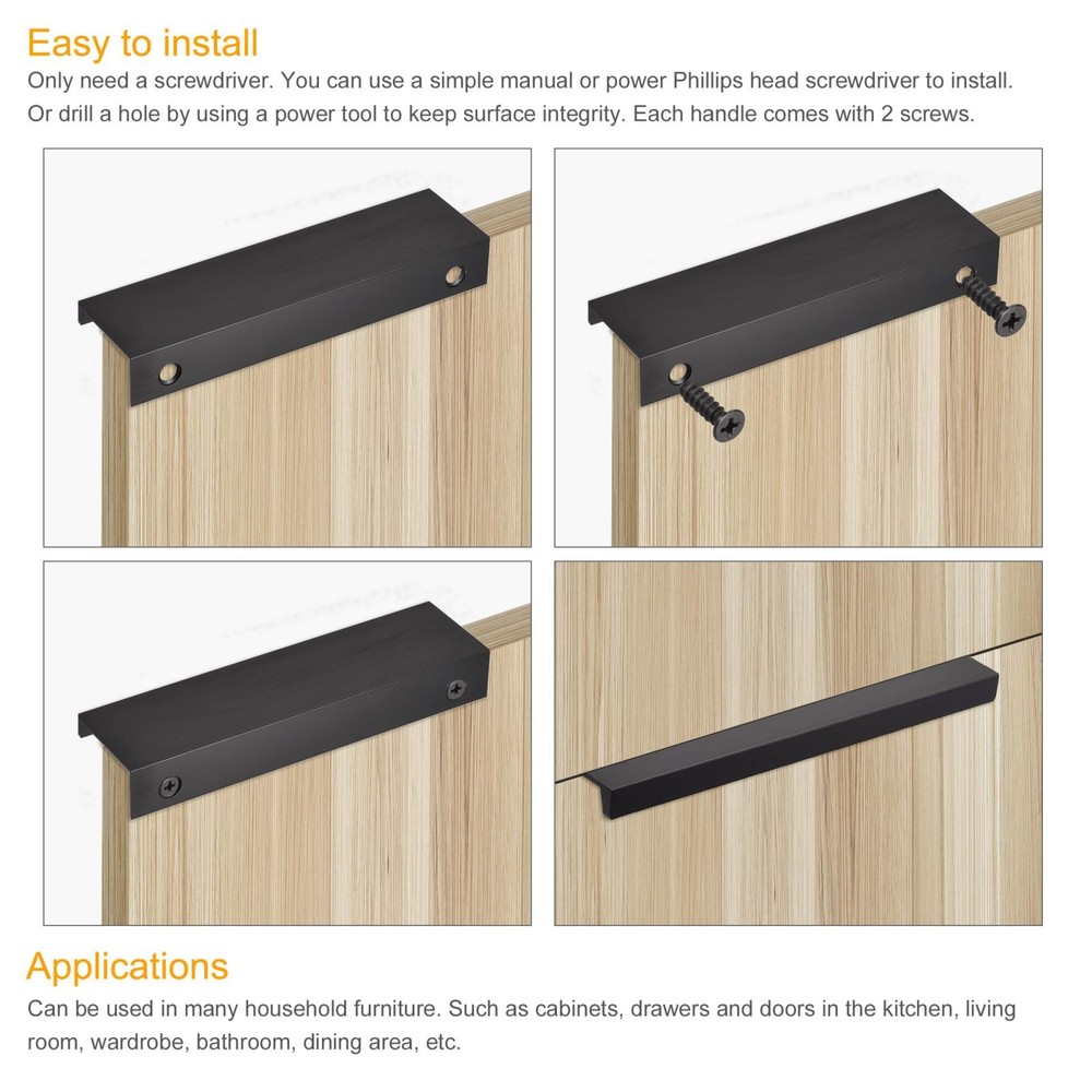 Edge Pull Handle 250mm/9.8 Inch Aluminum Alloy Cabinet Pull Black 4 Pcs