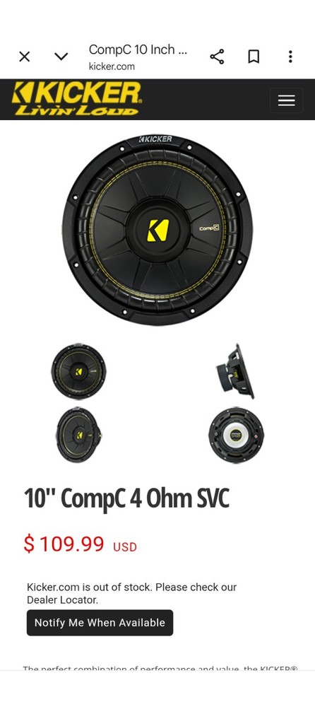Kicker CompC 12" Subwoofer 4 Ohm SVC in Single Ported Enclosure