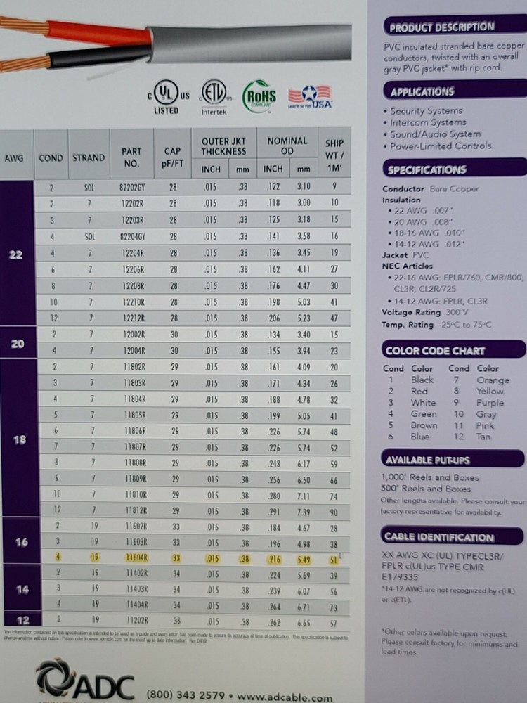 Advanced Digital 11604R 16/4C Stranded Riser Security/Alarm Cable Gray /50ft