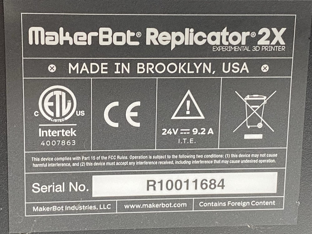MakerBot Replicator 2X Desktop Experimental 3D Printer Unknown