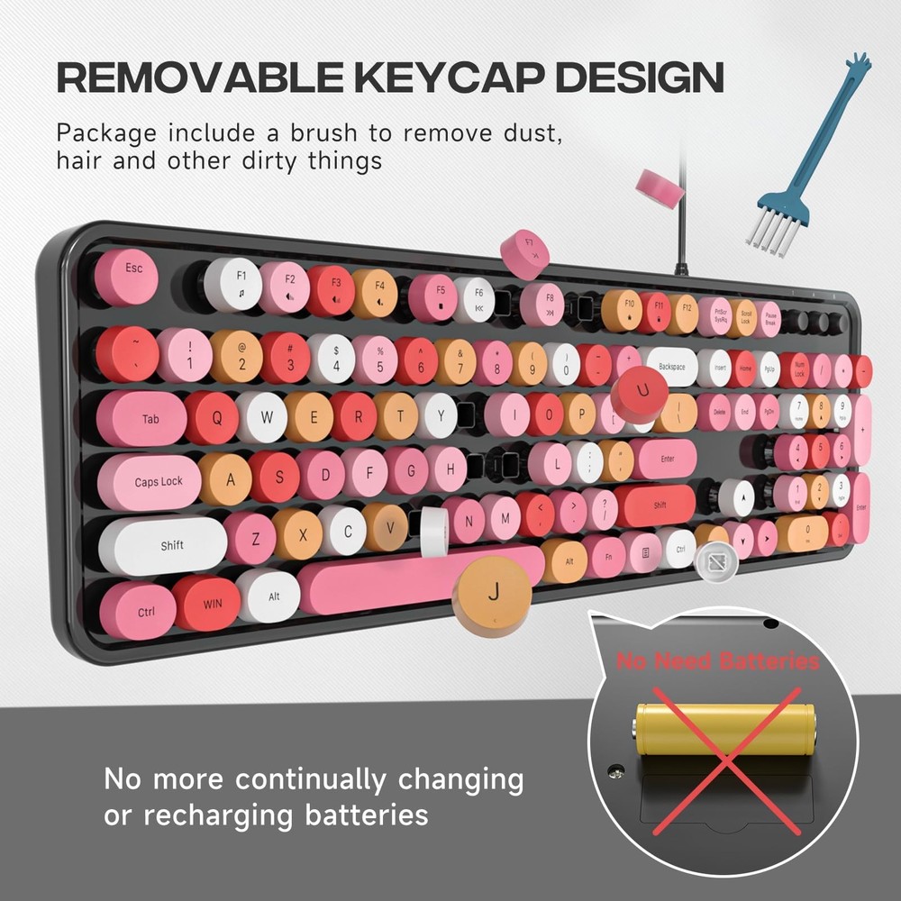Computer Keyboard Wired, Plug and Play USB Retro Round Typewriter Keyboard, F...