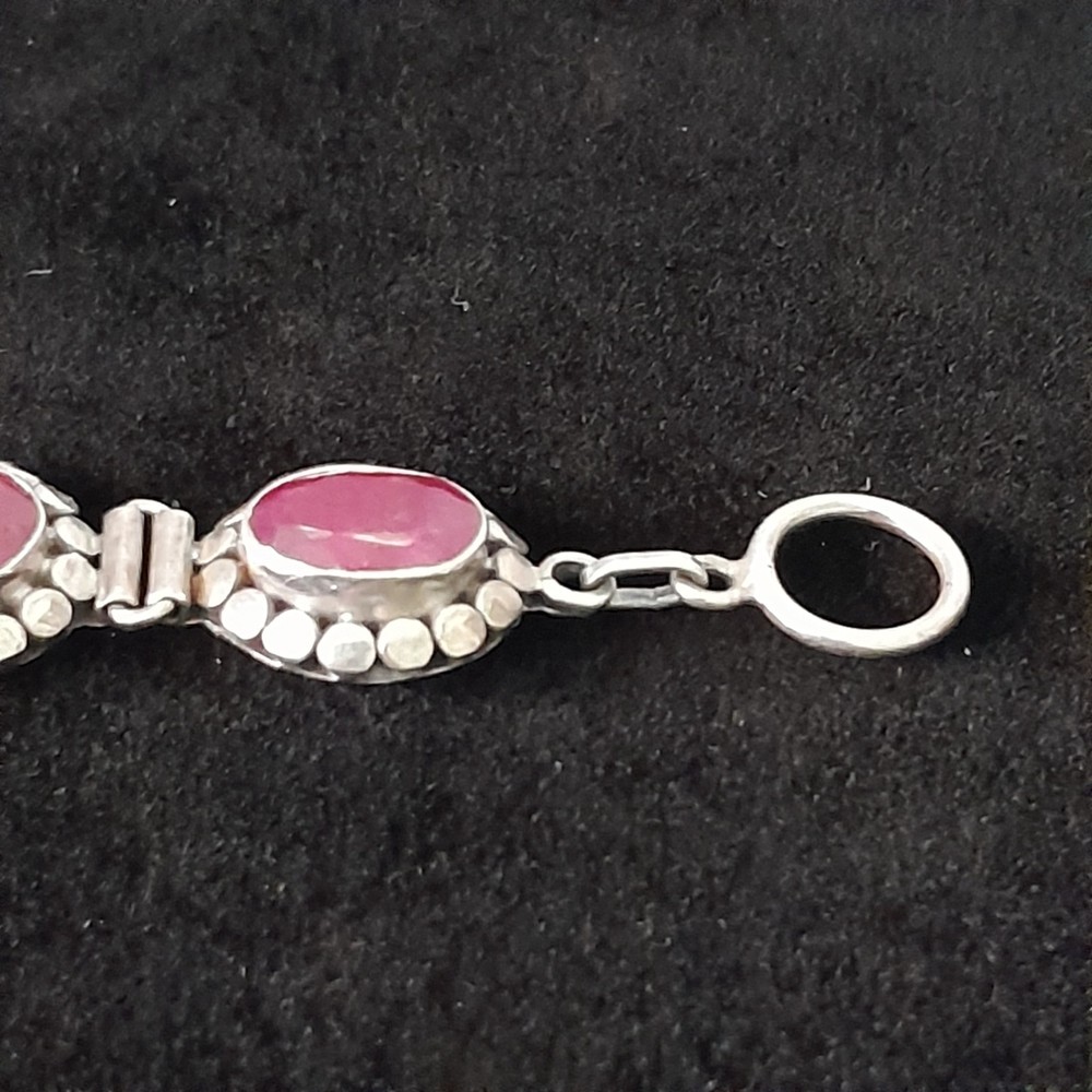 925 Sterling Silver Red Ruby Oval Faceted Panel Link Bracelet Toggle