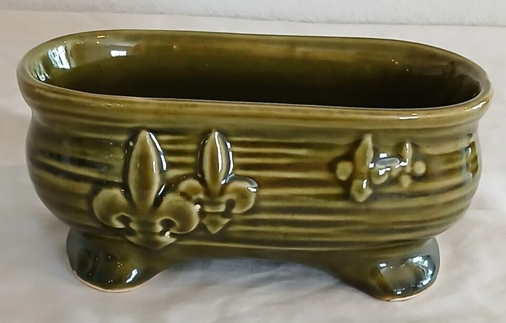 Olive Green Footed Oval Shaped Fleur De Lis Ceramic Planter6.6"x3.25"