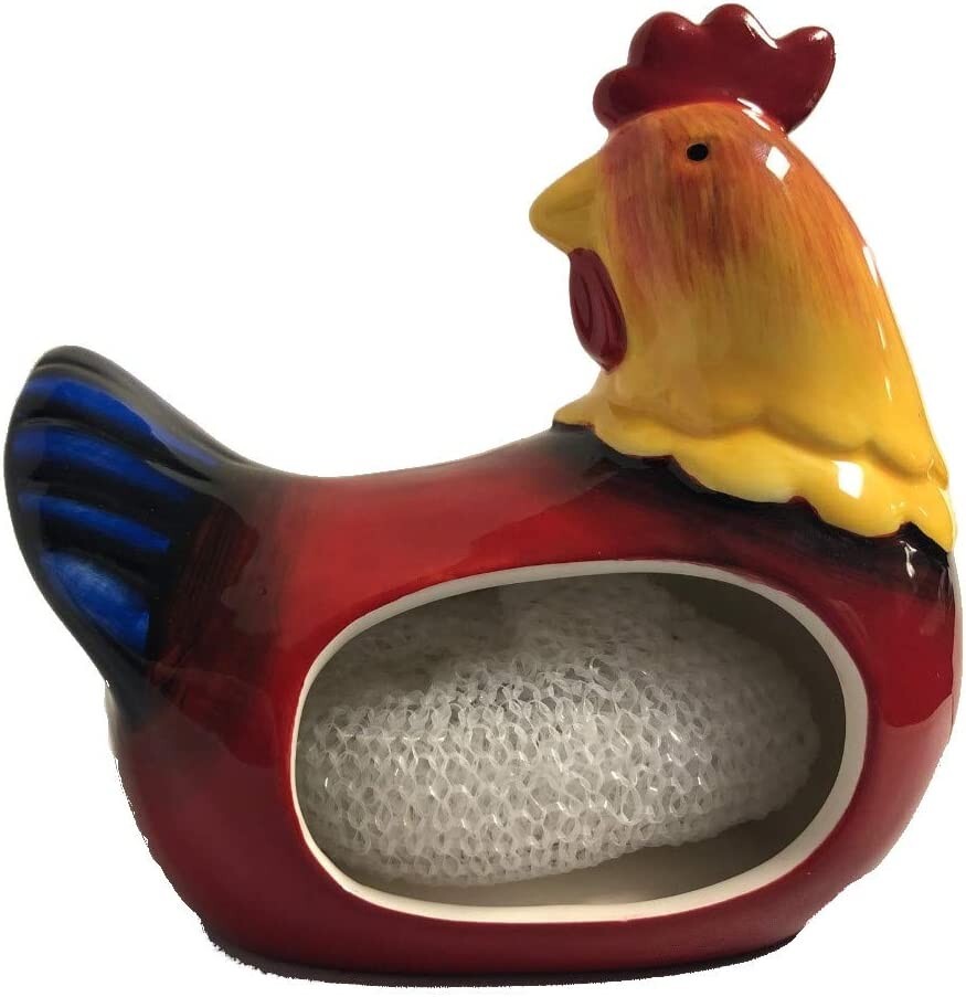 BLUE CHICKEN Scrubby Ceramic Holder w/ Scrubbie Sponge Kitchen Sink Scouring Pad