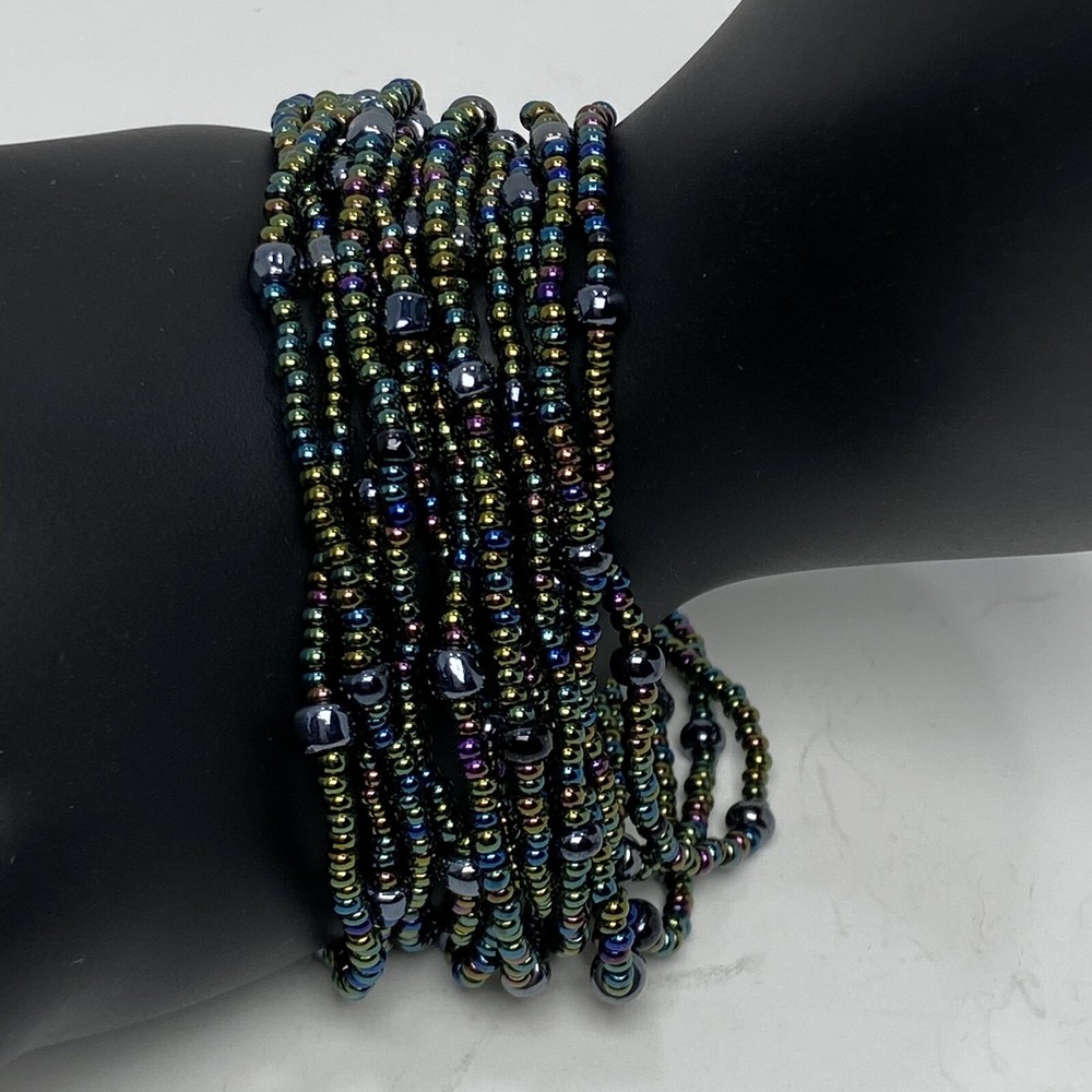 Dark Multi Colored Metallic Seed Bead Multi Strand Bracelet